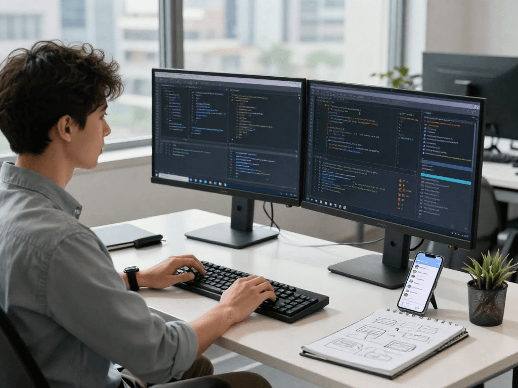 Innovative workspace showcasing a developer using crush ai technology at dual monitors in a bright urban environment.