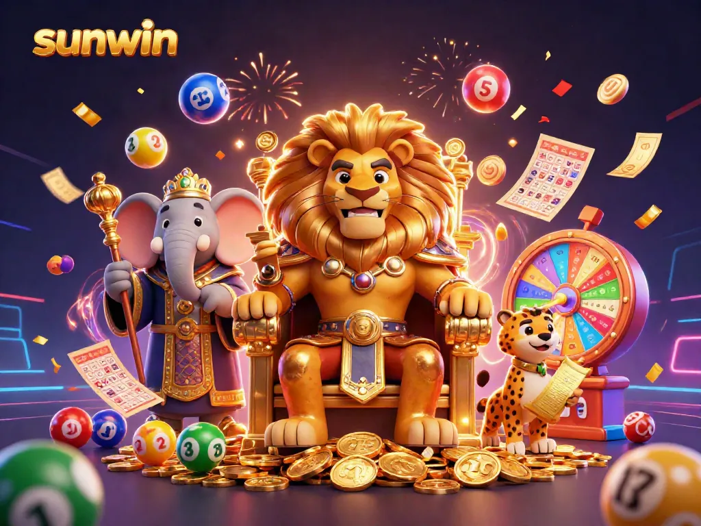 Engage with sunwin's dynamic gaming adventure featuring a lion king, elephant advisor, and cheetah messenger.