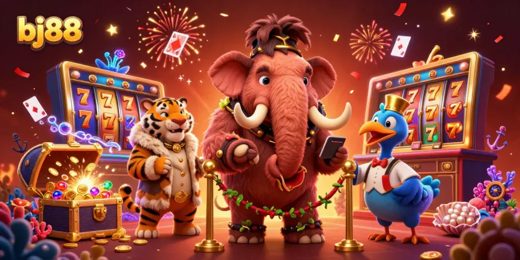 Experience the excitement of bj88 with colorful slot reels and vibrant casino characters in a dynamic 3D scene.