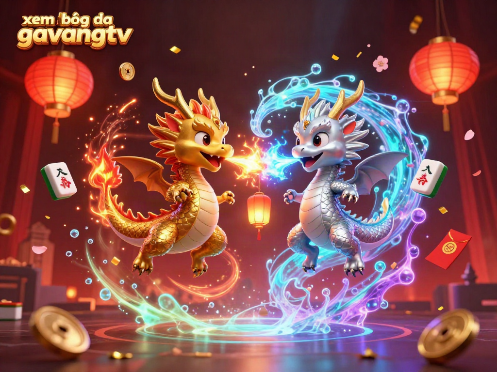 Experience xem bóng đá gavangtv with 3D dragons amidst floating mahjong tiles and festive decorations.
