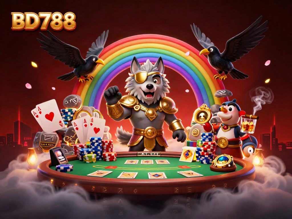 Engage with BD788 in a vibrant 3D casino scene featuring Norse mythology characters and poker elements.