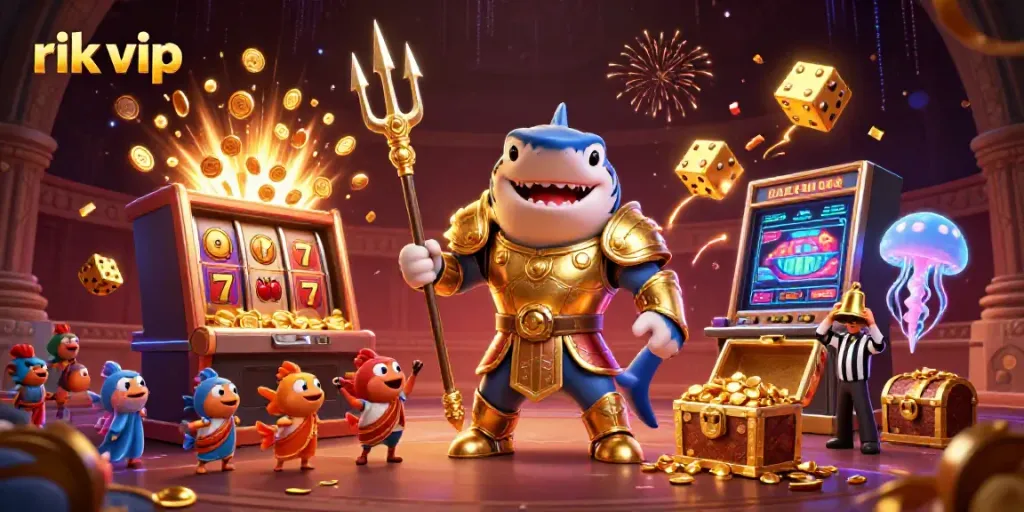 Experience thrilling moments at rik vip with a shark gladiator amidst a dynamic casino scene.