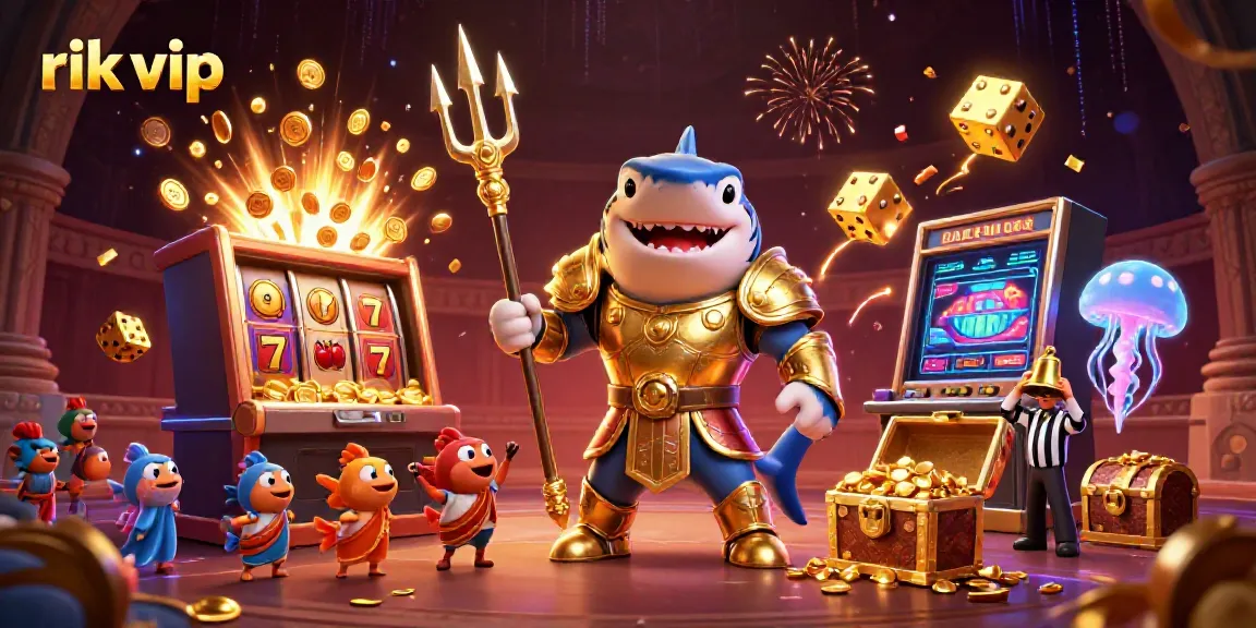 Experience thrilling moments at rik vip with a shark gladiator amidst a dynamic casino scene.