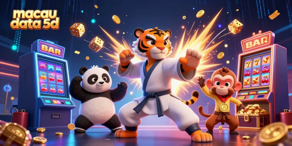 Hasil keluaran Data 5D Macau dengan karakter kartun kung fu di slot kasino mega.