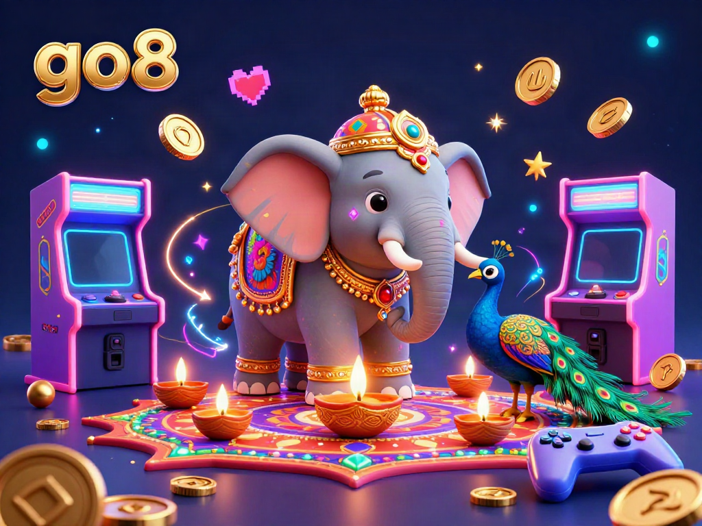 Experience colorful gameplay with go8's vibrant casino scene featuring an ornate elephant, peacock, and arcade elements.