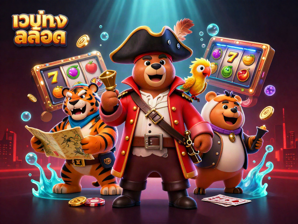 Experience the thrilling adventure of เว็บตรงสล็อต with a pirate bear, tiger, and golden parrot amidst dynamic slot reels.
