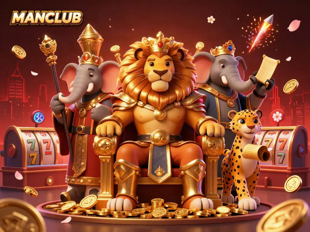 Engage with MANCLUB in this dynamic casino scene featuring a lion king and 3D game elements.