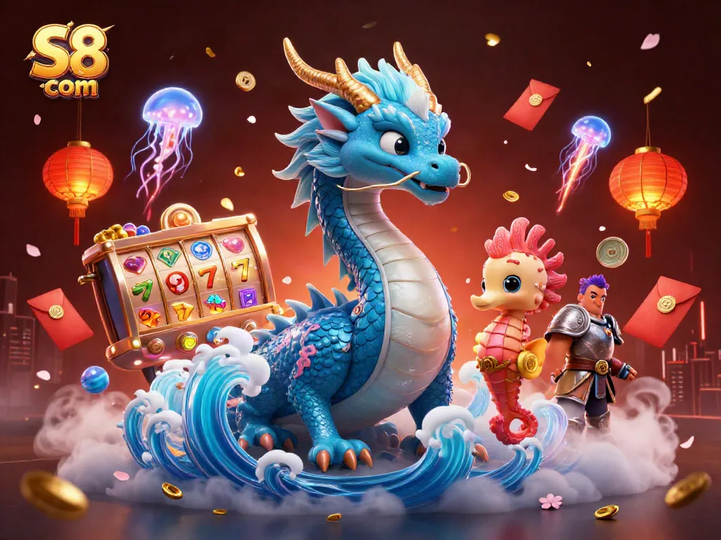 Experience thrilling gameplay at S8 com with vibrant slot reels featuring jade coins and lucky symbols.
