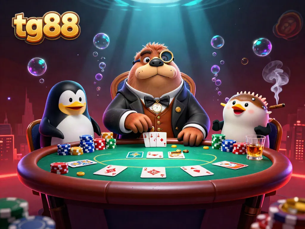 A jolly walrus at an underwater poker table with a sophisticated penguin dealer, showcasing tg88 gaming excitement.
