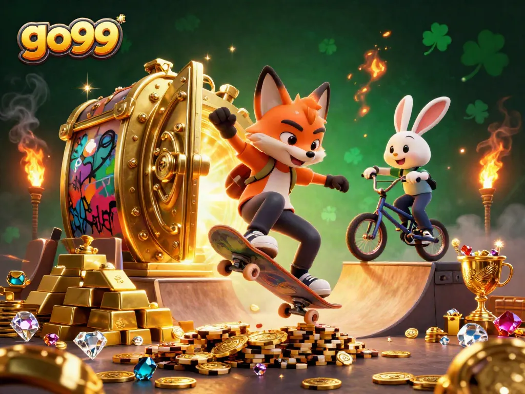 Play at go99 with an exciting scene of casino fun featuring vibrant characters and treasures.