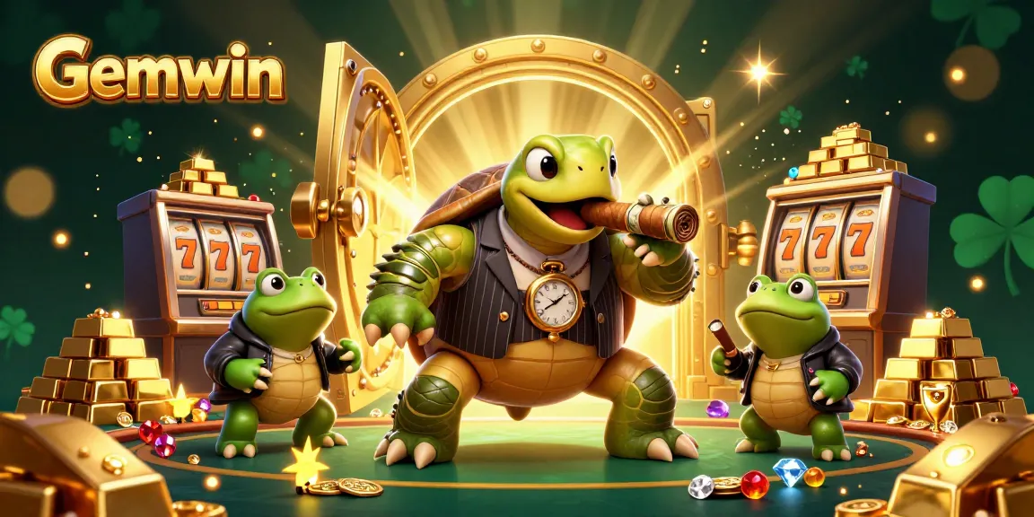 Experience the thrill at Gemwin with cartoon turtle mobsters amid shining slot machines.