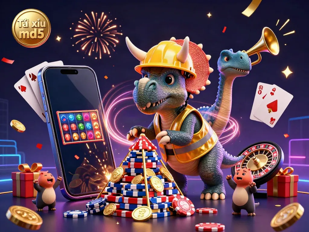 Tài xỉu md5 celebrates with a cartoon triceratops and gaming elements in a vibrant casino scene.