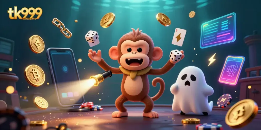 Engage with tk999mobilegame as a mischievous monkey juggles treasures in a haunted casino scene.