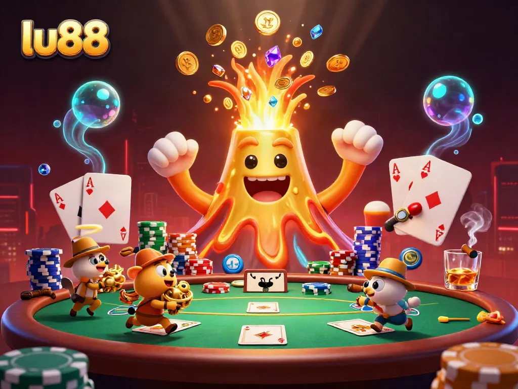 lu88 volcano erupts with treasures in a vibrant casino scene filled with poker elements.