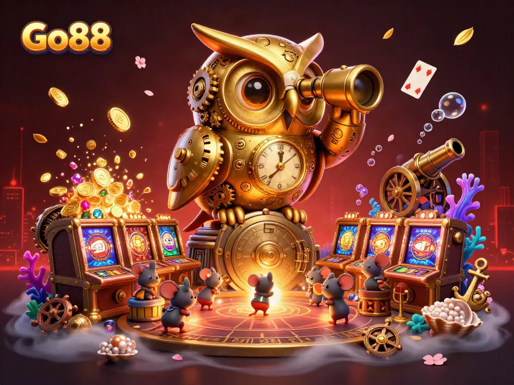 Go88 elevates gaming thrills with a captivating clockwork owl and vibrant casino adventure.