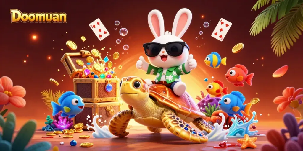 Doomuan players enjoy a vibrant 3D casino adventure with a lucky rabbit and golden sea turtle amidst thrilling treasure