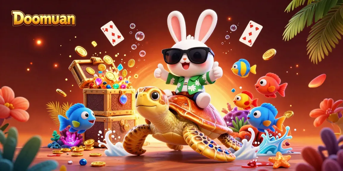 Doomuan players enjoy a vibrant 3D casino adventure with a lucky rabbit and golden sea turtle amidst thrilling treasure
