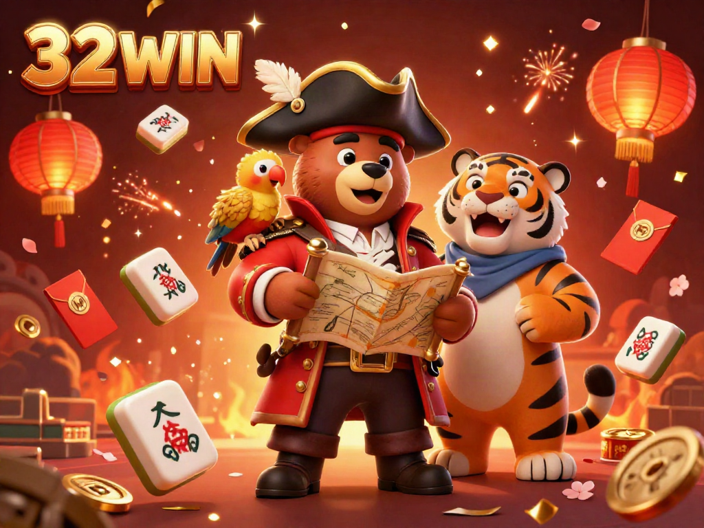 Experience thrilling gameplay with the 32 WIN gambling-themed illustration featuring lively characters and festive elements.