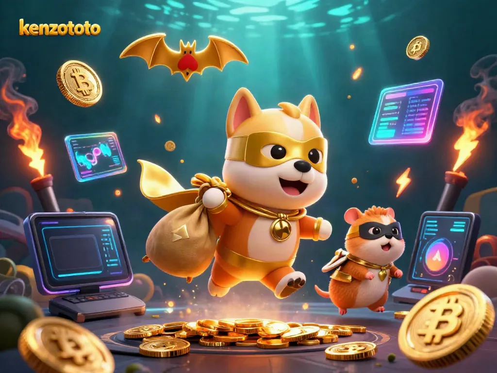 Play and win with kenzototo in this vibrant 3D cartoon illustration, showcasing thrilling casino elements.