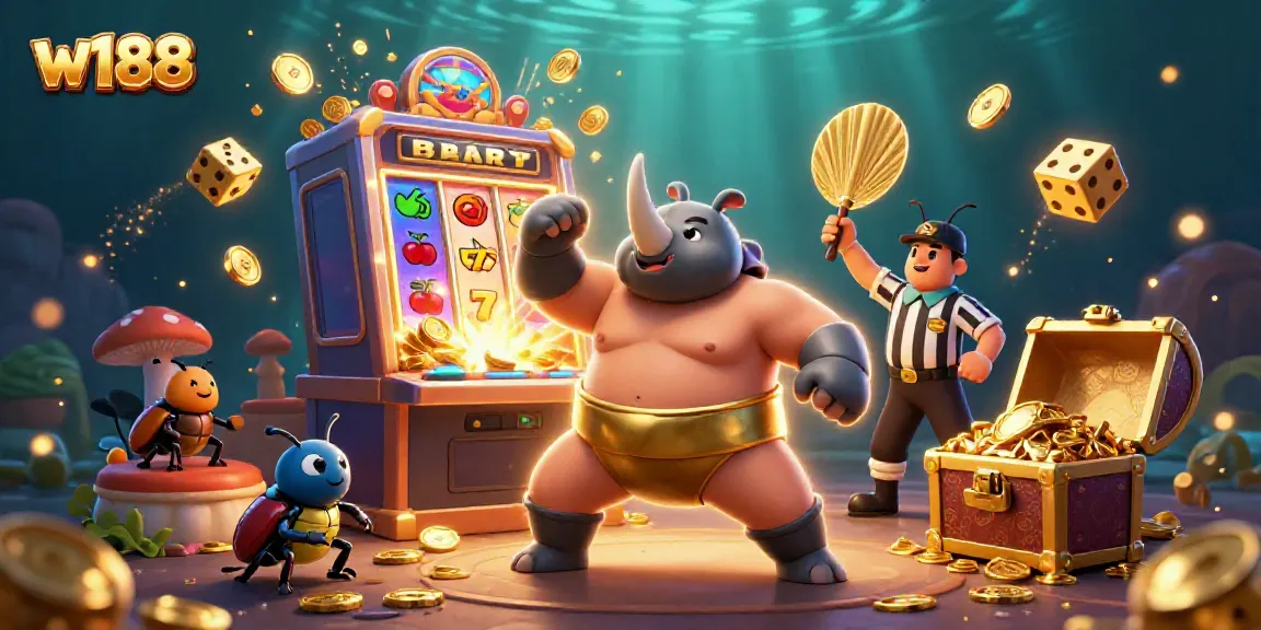 Experience thrilling moments at w188 with a dynamic scene featuring a beetle champion and casino elements.