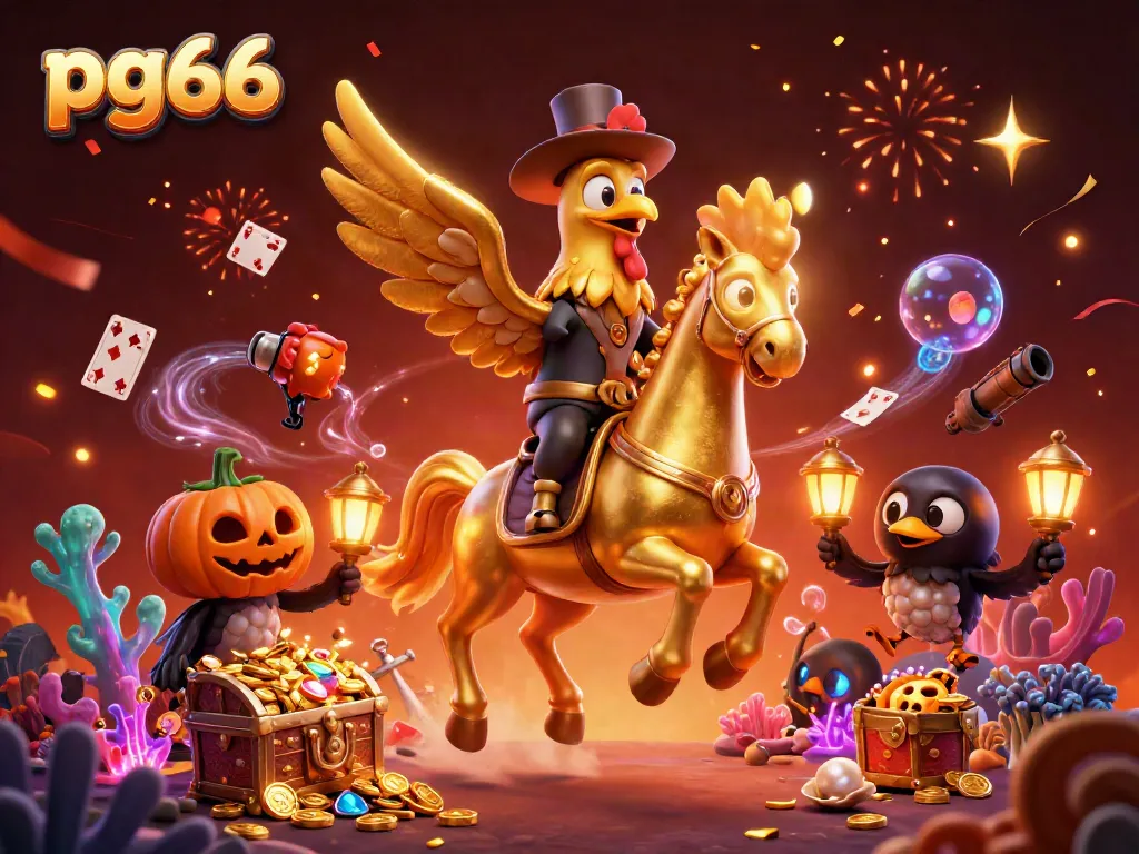 Experience pg66 action with a golden rooster and spectral horse amid a vibrant casino scene