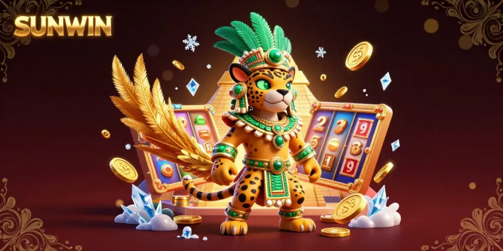 SUNWIN offers thrilling gameplay experiences featuring a vibrant casino scene with jackpot slot reels and a Mayan jaguar priest.