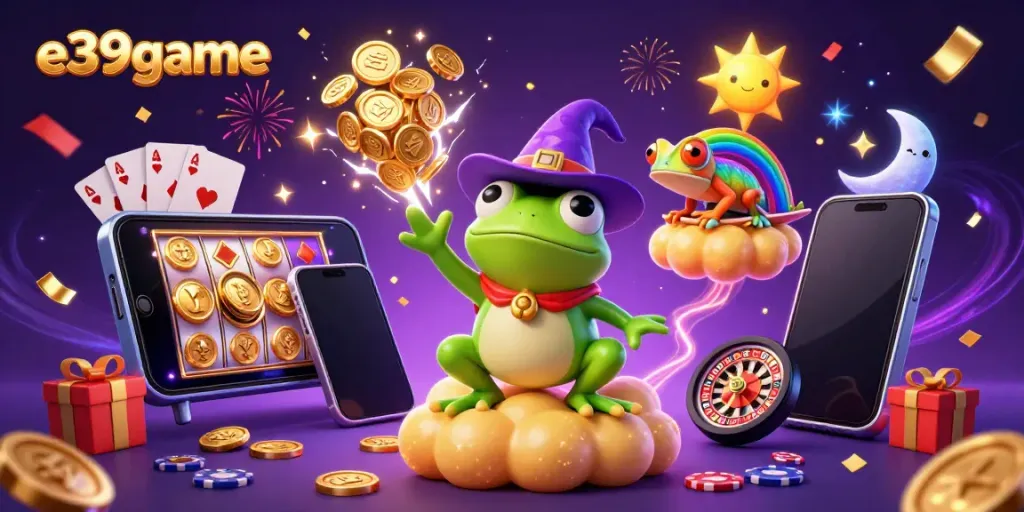 Experience winning moments with e39game's vibrant casino illustration featuring dynamic characters.