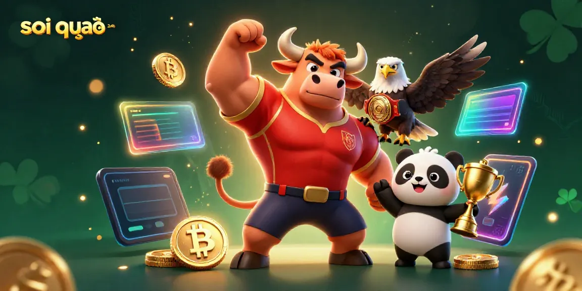 Experience the excitement of soi cầu 24h with a dynamic 3D illustration showcasing a victorious bull, an eagle champion, and a cheerful panda among glowing crypto elements.
