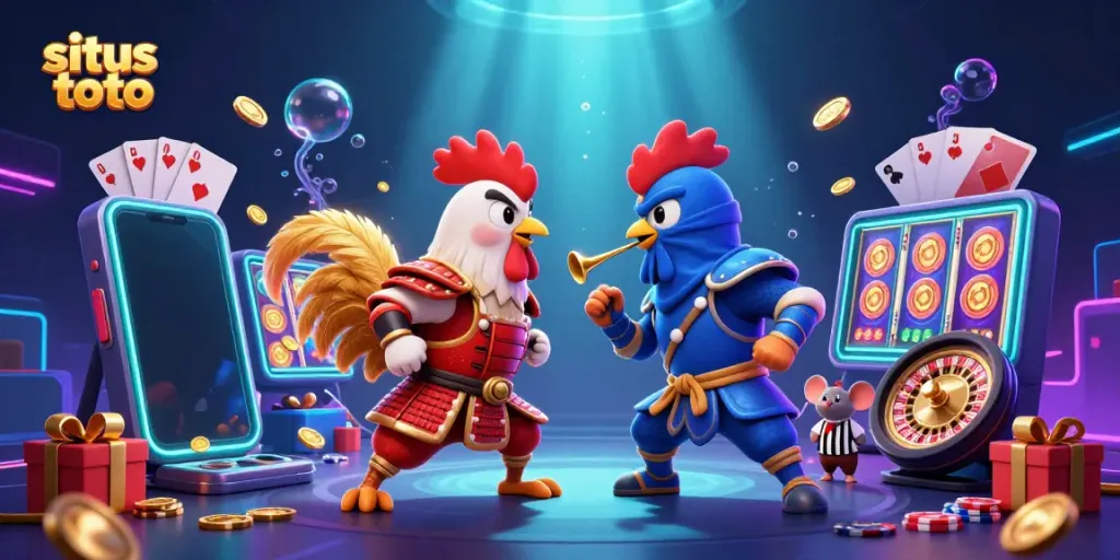 Rasakan keseruan situs toto dengan ayam bertarung dalam ilustrasi 3D yang dinamis dan penuh warna.