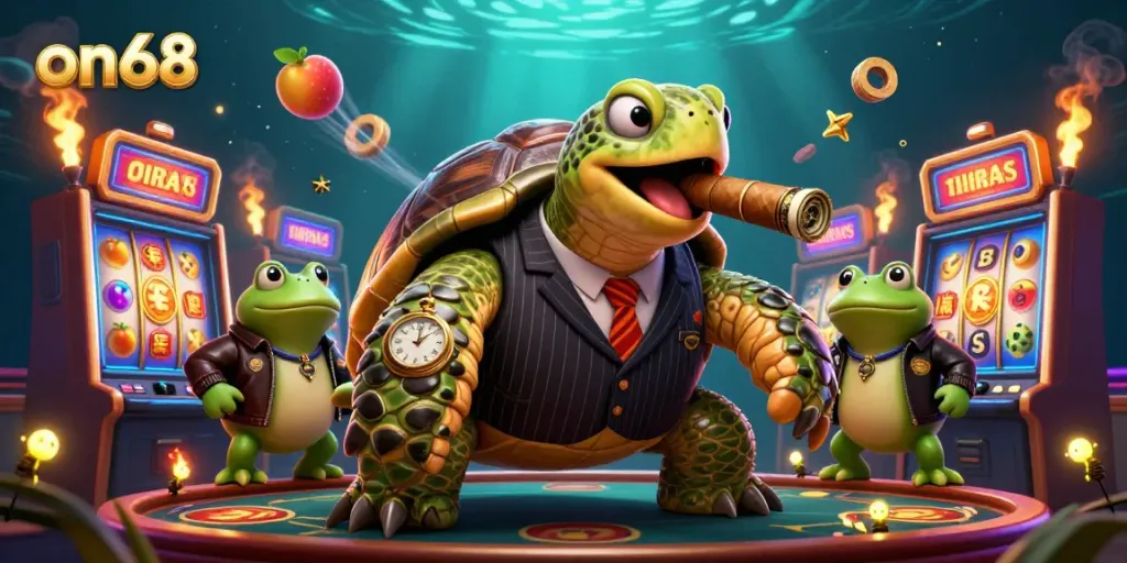 Experience the excitement of slots with on68's rich casino illustration showcasing a mobster turtle and frog enforcers.