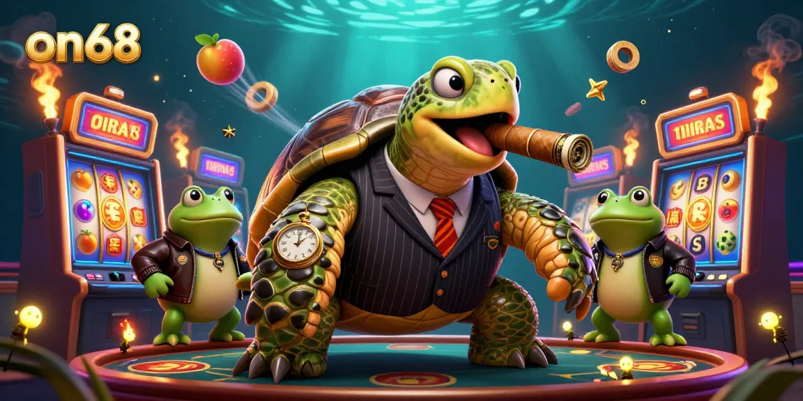 Experience the excitement of slots with on68's rich casino illustration showcasing a mobster turtle and frog enforcers.