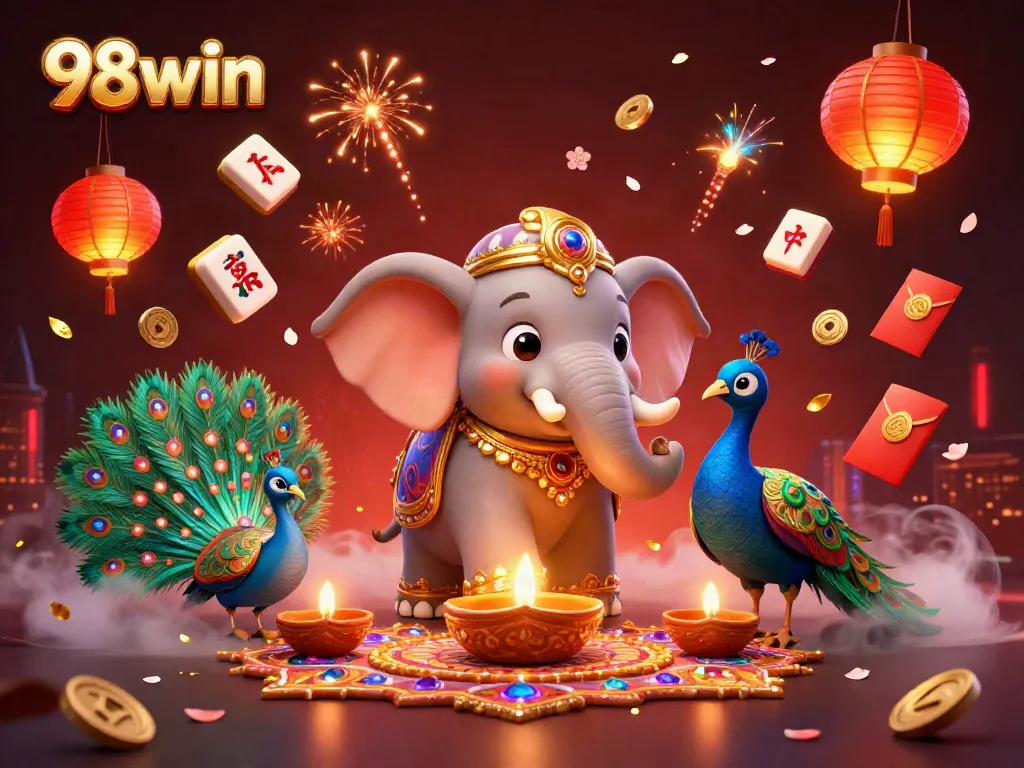 Engage with 98win's vibrant gaming scene featuring rich details of dynamic characters and festive elements.