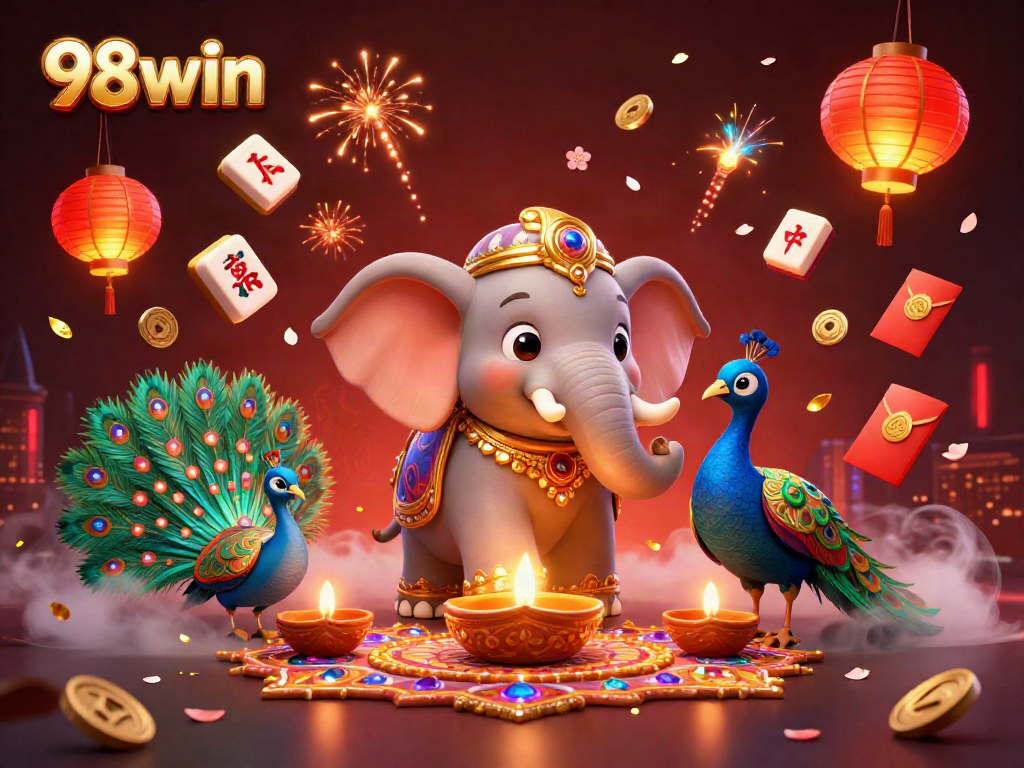 Engage with 98win's vibrant gaming scene featuring rich details of dynamic characters and festive elements.