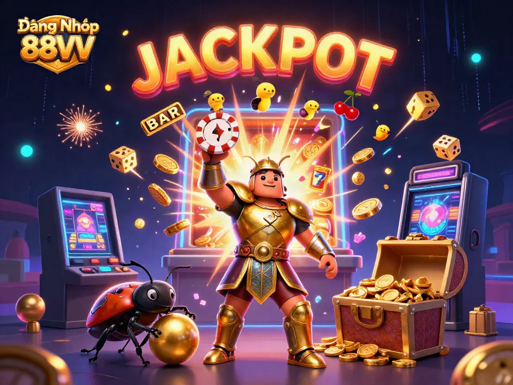 Experience excitement in Đăng Nhập 88VV with winning symbols and vibrant characters in a jackpot scene.