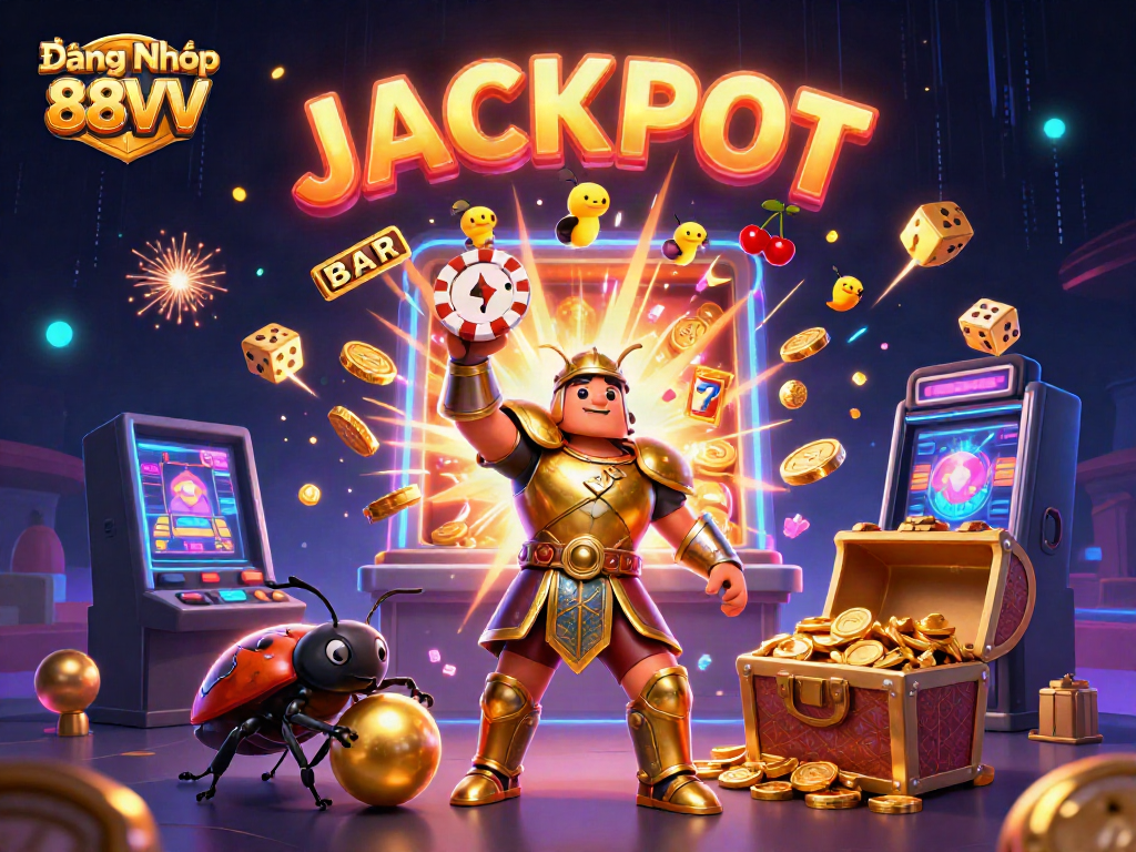 Experience excitement in Đăng Nhập 88VV with winning symbols and vibrant characters in a jackpot scene.