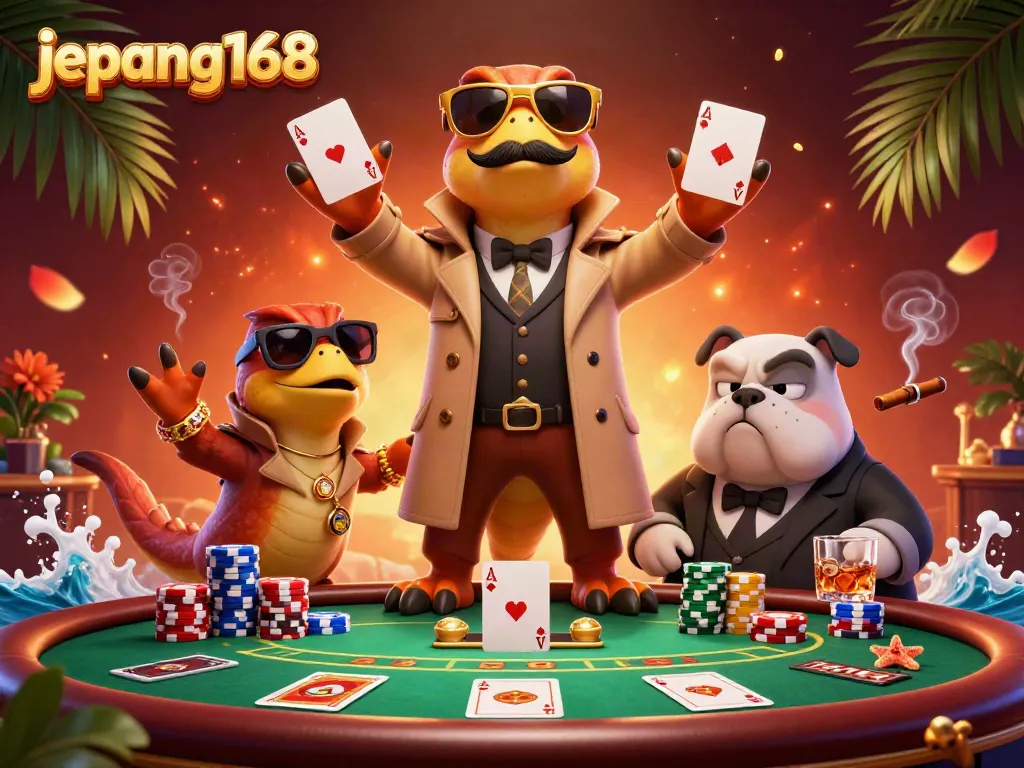 Experience the excitement of jepang168 with a trio of cartoon raptors in a trench coat at a luxurious poker table.