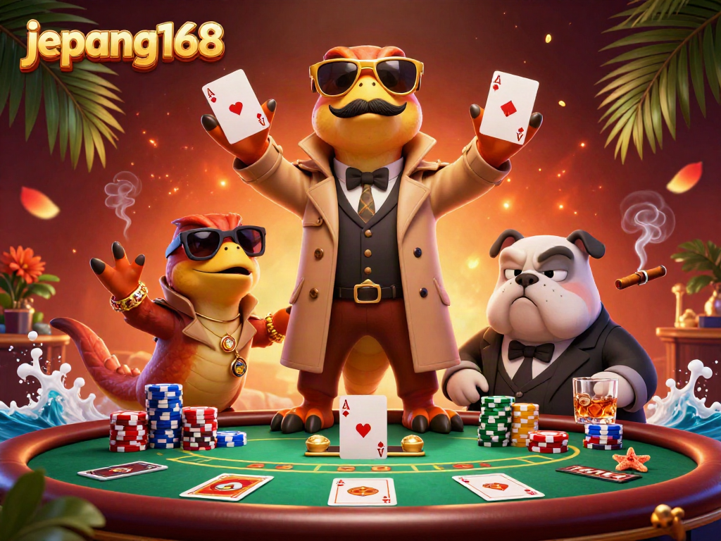 Experience the excitement of jepang168 with a trio of cartoon raptors in a trench coat at a luxurious poker table.