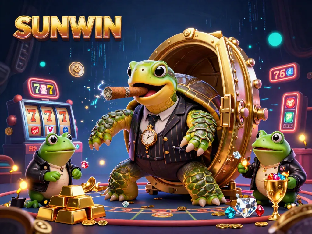 SUNWIN casino illustration highlights a snapping turtle in mobster attire with bullfrog enforcers in an exciting gaming environment.