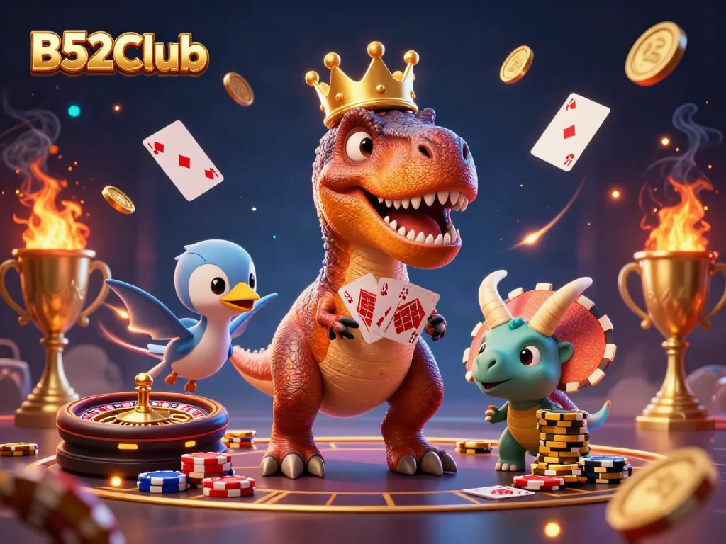 Engaging scene at B52Club features a friendly T-Rex shuffling cards with the help of a cheerful pterodactyl.