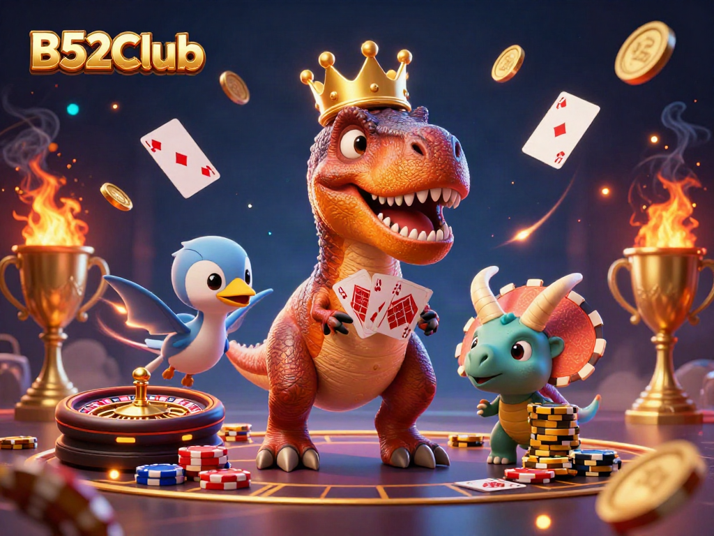 Engaging scene at B52Club features a friendly T-Rex shuffling cards with the help of a cheerful pterodactyl.
