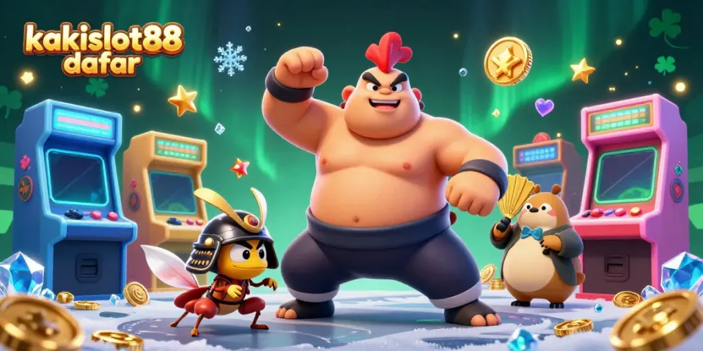 Gambaran 3D kakislot88 daftar dengan karakter sumo, serangga samurai, dan tanuki di mesin permainan
