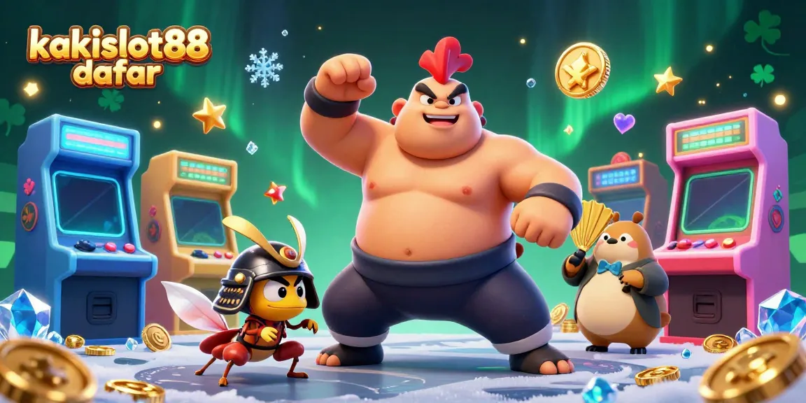 Gambaran 3D kakislot88 daftar dengan karakter sumo, serangga samurai, dan tanuki di mesin permainan