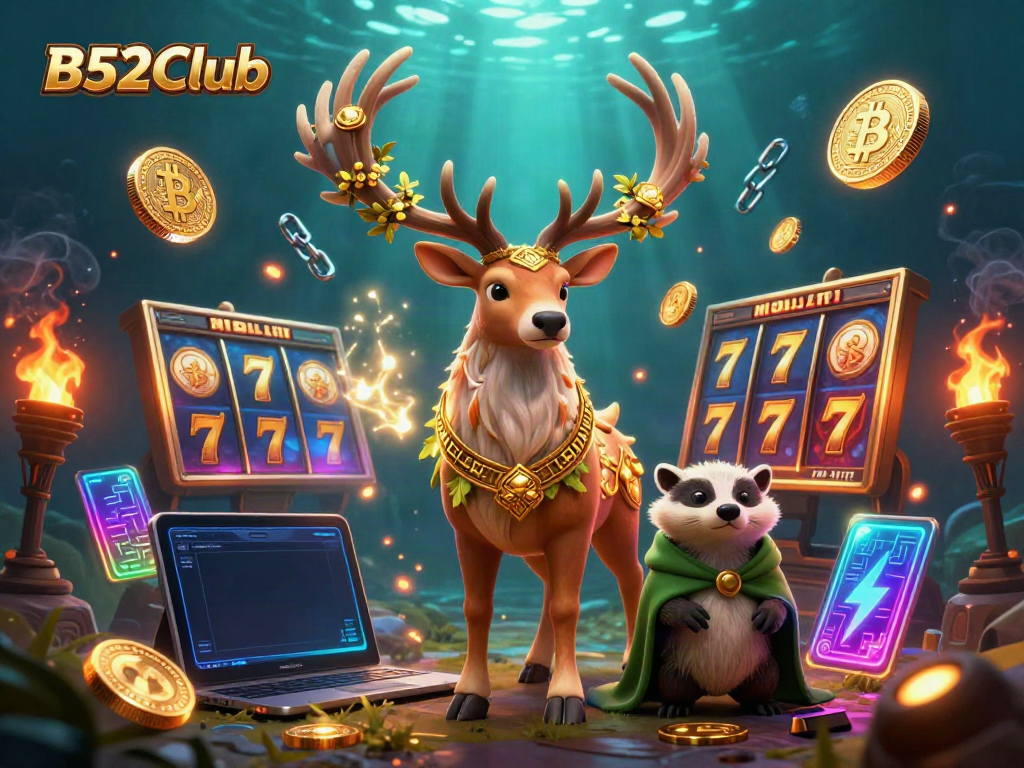 B52Club featuring a dynamic scene of bright slot machines, winning coins, and whimsical characters.