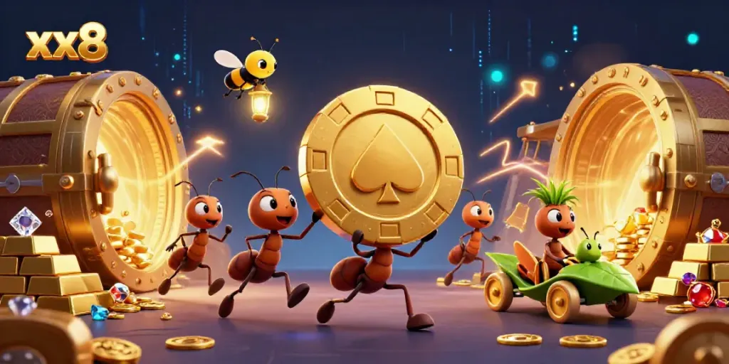 Experience the thrilling heist at xx8 with ants and a grasshopper stealing a golden poker chip!