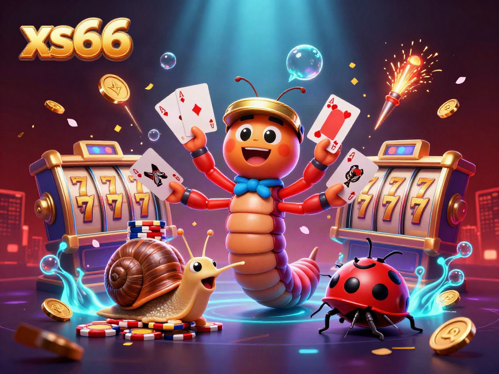 Engage with the vibrant xs66 atmosphere as a millipede dealer showcases cards, surrounded by festive casino elements.