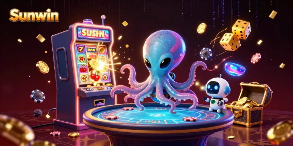 Experience thrilling gaming at Sunwin with an exciting alien octopus at a holographic poker table.