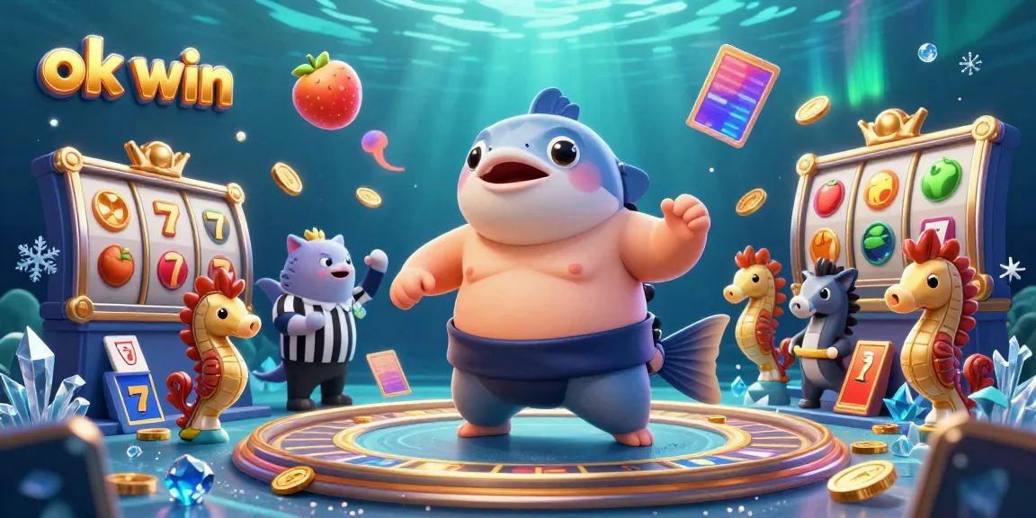 Engaging illustration showcasing ok win with a fugu in a sumo belt and 3D slot elements for an online casino.