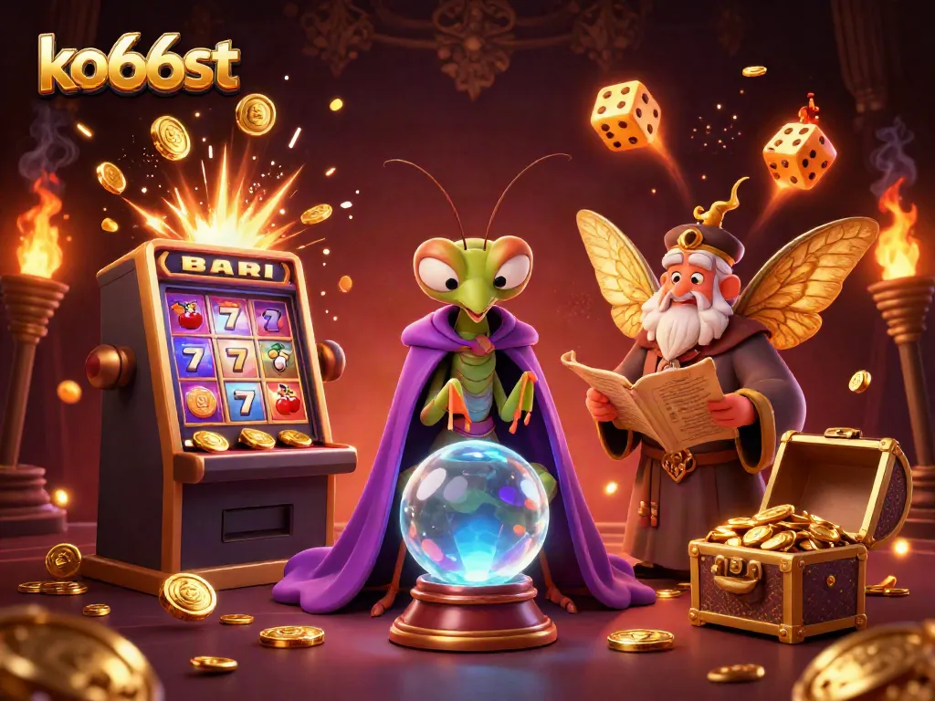 Experience winning at ko66st in this lively casino illustration, featuring a fortune teller and vibrant game elements.