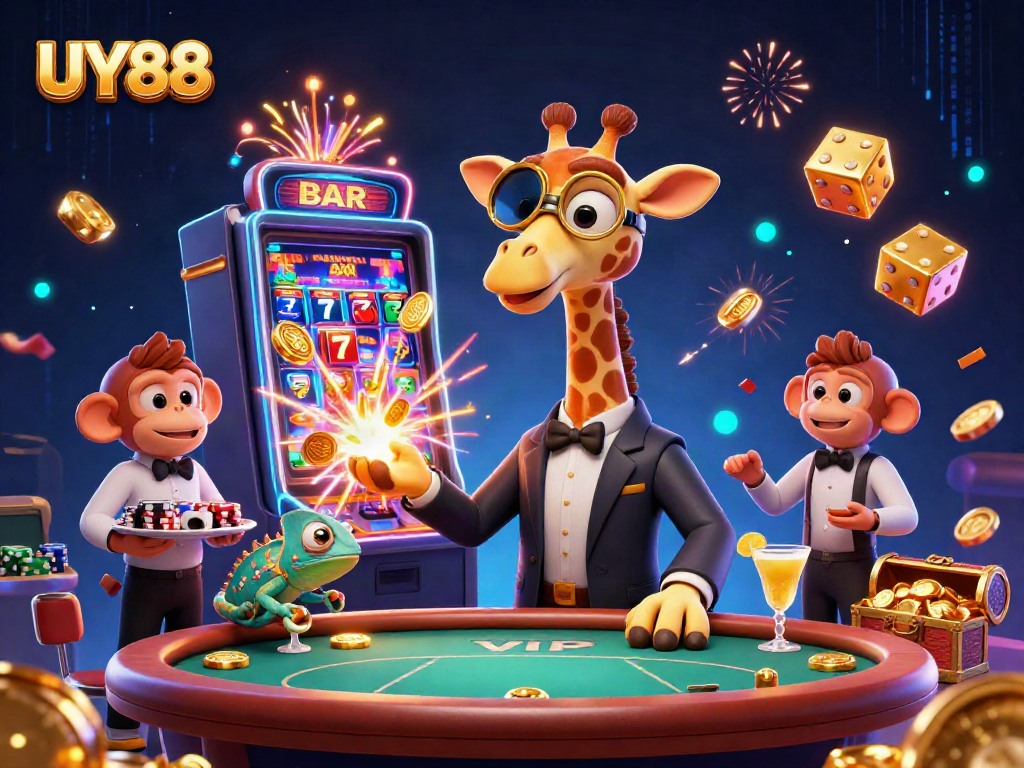 Experience thrilling gaming at UY88 with a vibrant 3D illustration featuring casino games, a giraffe in a suit, and a lively atmosphere.