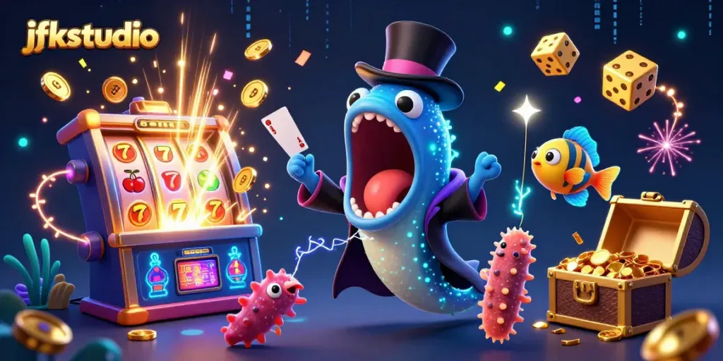 Experience the excitement of jfkstudio with a vibrant underwater casino magic scene involving an eel and anglerfish.